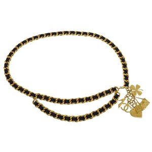 Chanel Icon Chain Belt Gold Black Leather 95A 186922